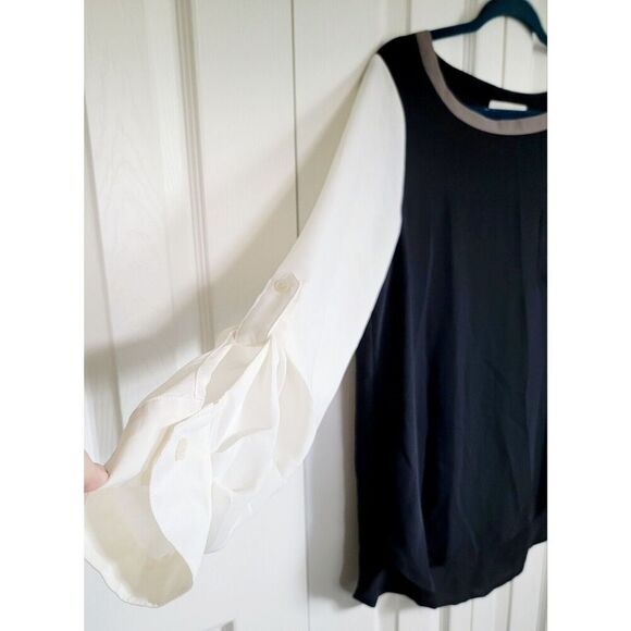 Ann Taylor Loft L Colorblock Pullover Roll Tab Sleeve Blouse Tan Black Eggshell - Picture 4 of 6